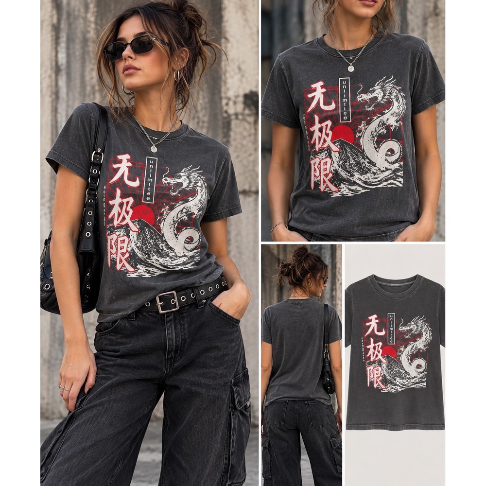 Y2K Dragon Graphic Tee Medium Washed Black Cyber Grunge Japanese Streetwear